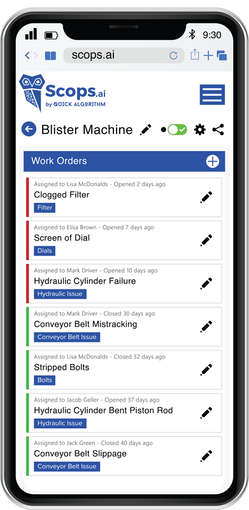 Smartphone with mobile view of the Scops CMMS and APM software by Quick Algorithm with work orders, uptime, task, and ticket management to report issues and downtimes.