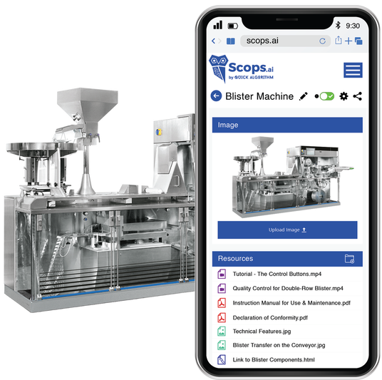 Blister Machine next to a smartphone displaying the digitalized version of the machinery as a digital twin on Scops SaaS by Quick Algorithm for asset management and maintenance.