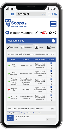 Smartphone with mobile view of the Scops CMMS and APM software by Quick Algorithm with data and measurements collected by maintenance workers from physical machinery.