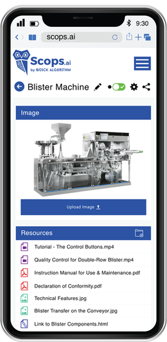 Smartphone with mobile view of the Scops CMMS and APM software by Quick Algorithm showcasing a digital twin of a physical machine, with enclosed resources and attached files.